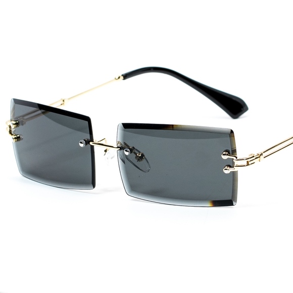 Rimless Gold Black Rectangular Mens Sunglasses - Picture 1 of 4